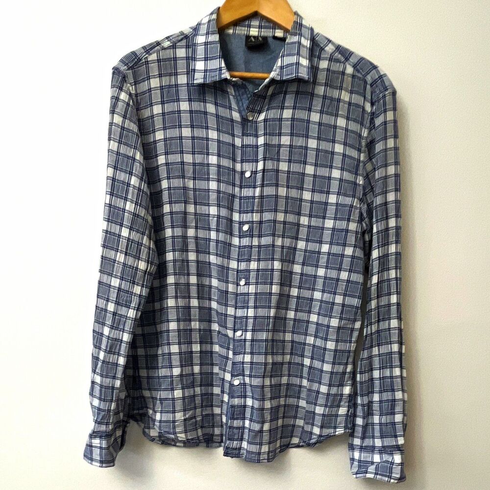 Armani Exchange Blue White Plaid Button Up Long Sleeve Shirt Mens L Regular